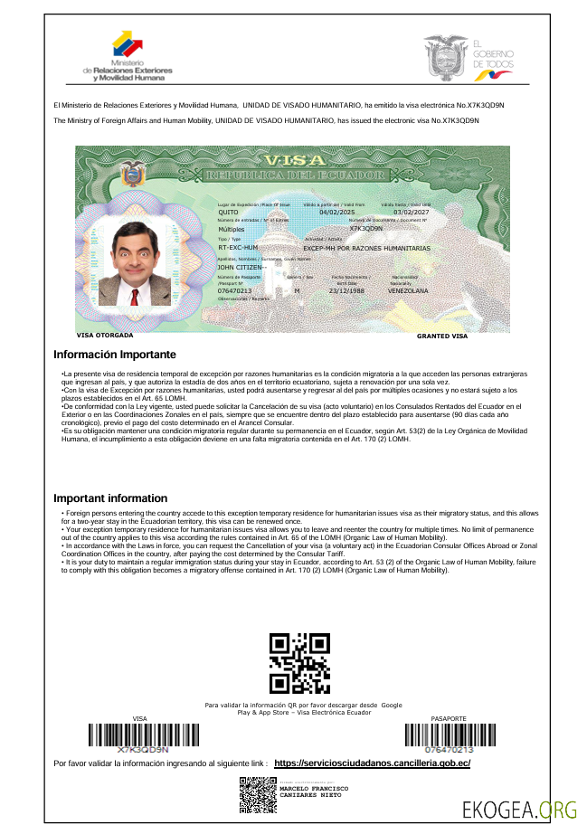 Modèle de visa de voyage pour l'Équateur aux formats Word et PDF, version 2